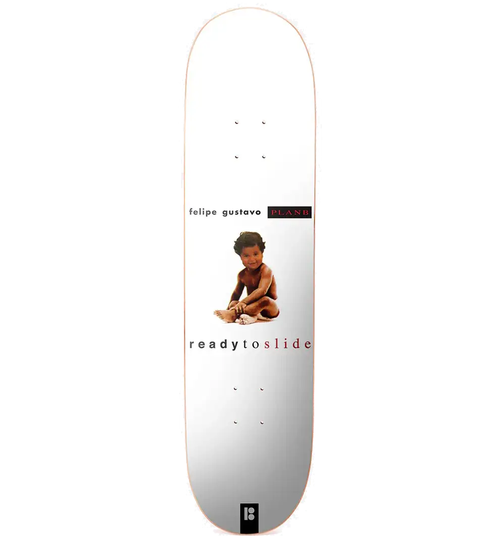 Plan B Felipe Gustavo Ready To Slide 8.0 skateboard deck with retro graphic