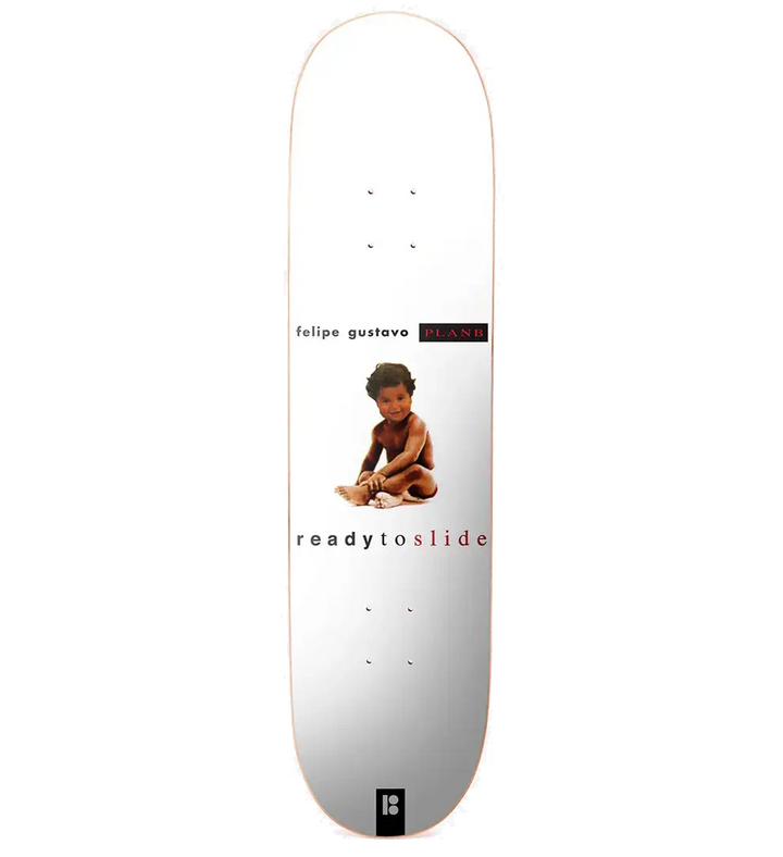 Plan B Felipe Gustavo Ready To Slide 8.0 skateboard deck with retro graphic