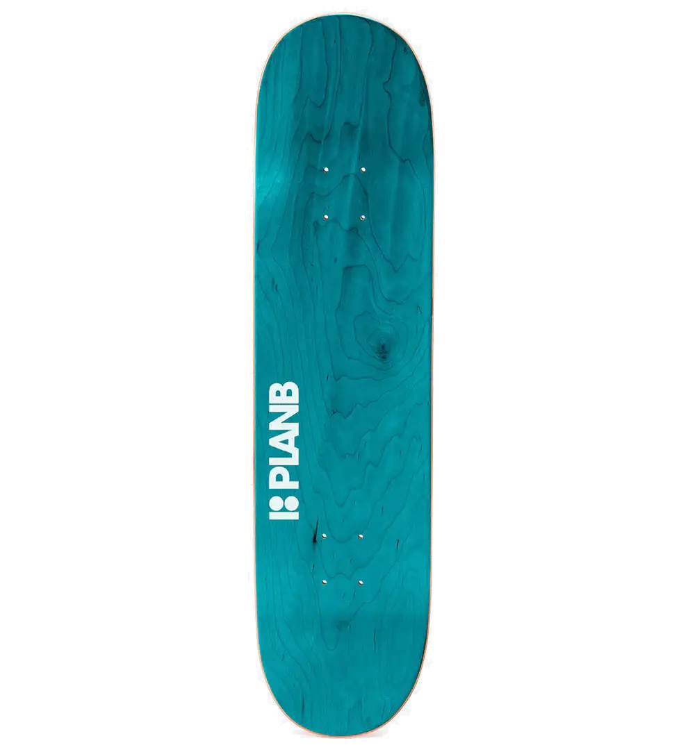 Teal skateboard deck with 'PLANB' logo on a white background