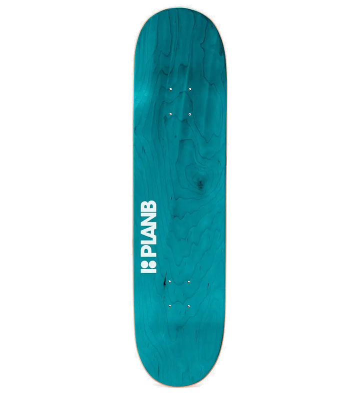 Teal skateboard deck with 'PLANB' logo on a white background
