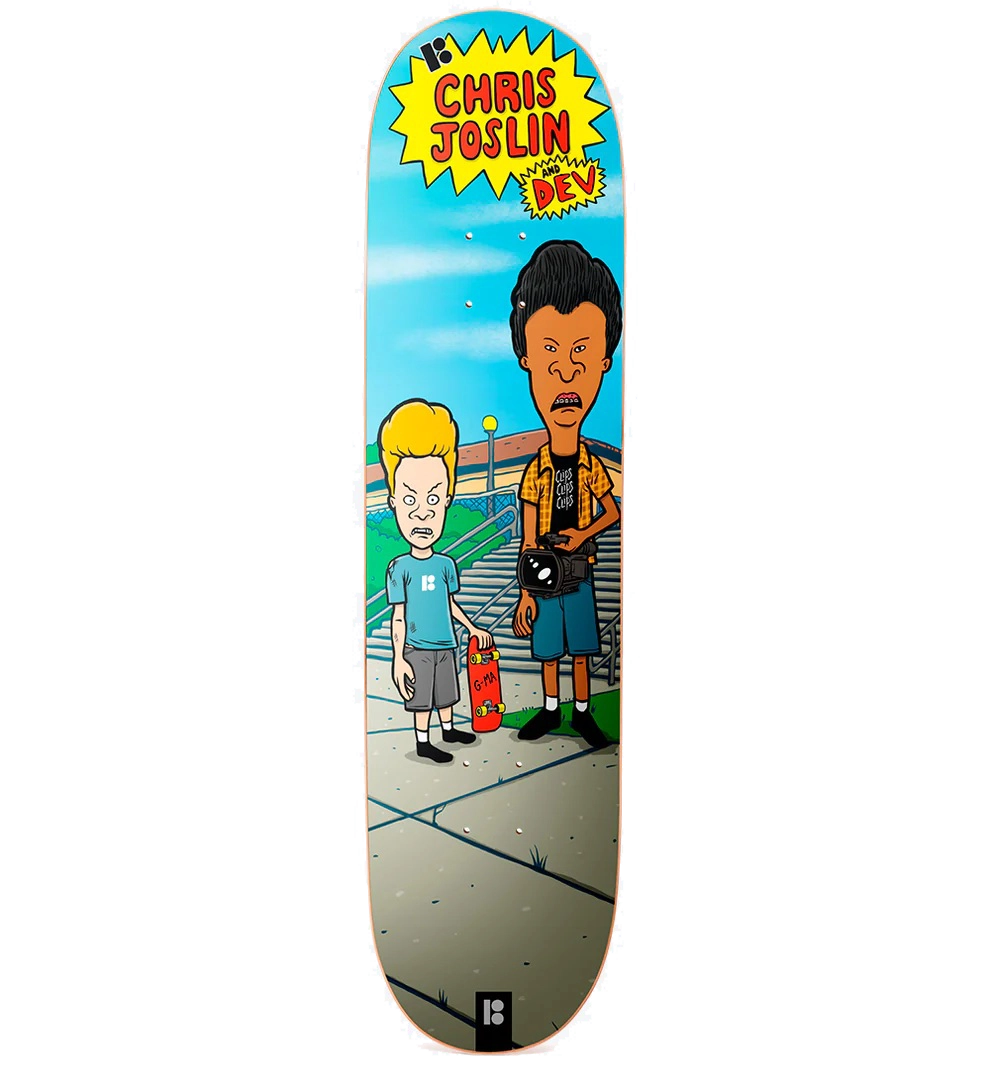 Plan B Chris Joslin Beavis & Butt-Head deck (8.375"). Popsicle shape, assorted ply, and a graphic that’s pure 90s nostalgia.