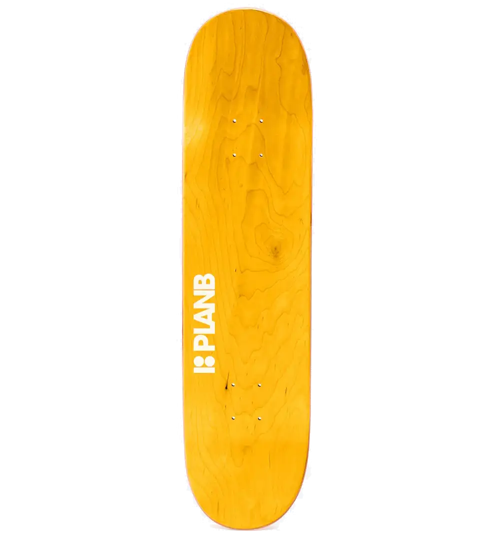 Yellow skateboard deck with 'PLANB' logo on a white background