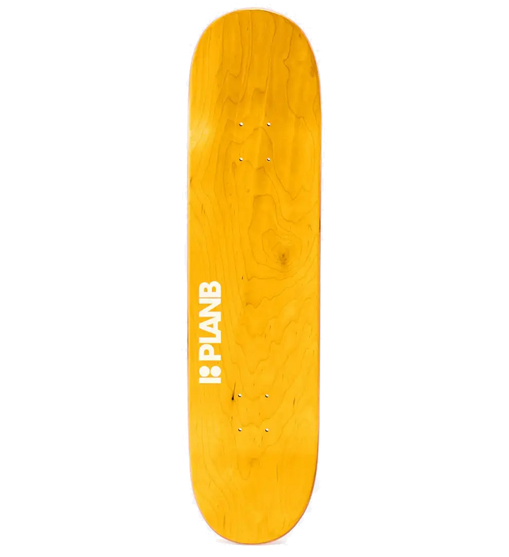 Yellow skateboard deck with 'PLANB' logo on a white background