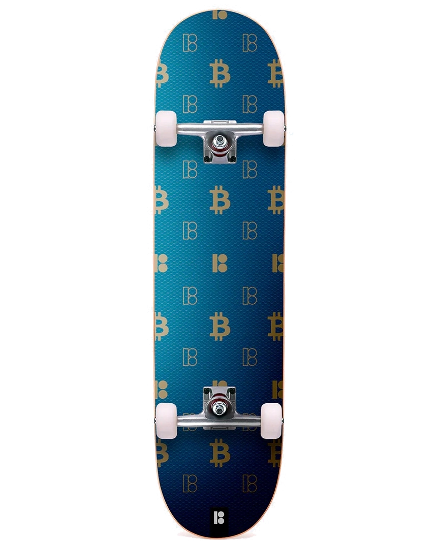 Plan B HODL 8.0 complete skateboard with Bitcoin-inspired gold logo design