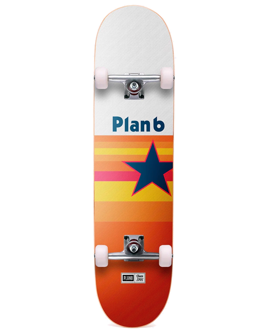 Plan B Houston Complete 8.0 skateboard with retro sunset stripes and bold Lone Star graphic