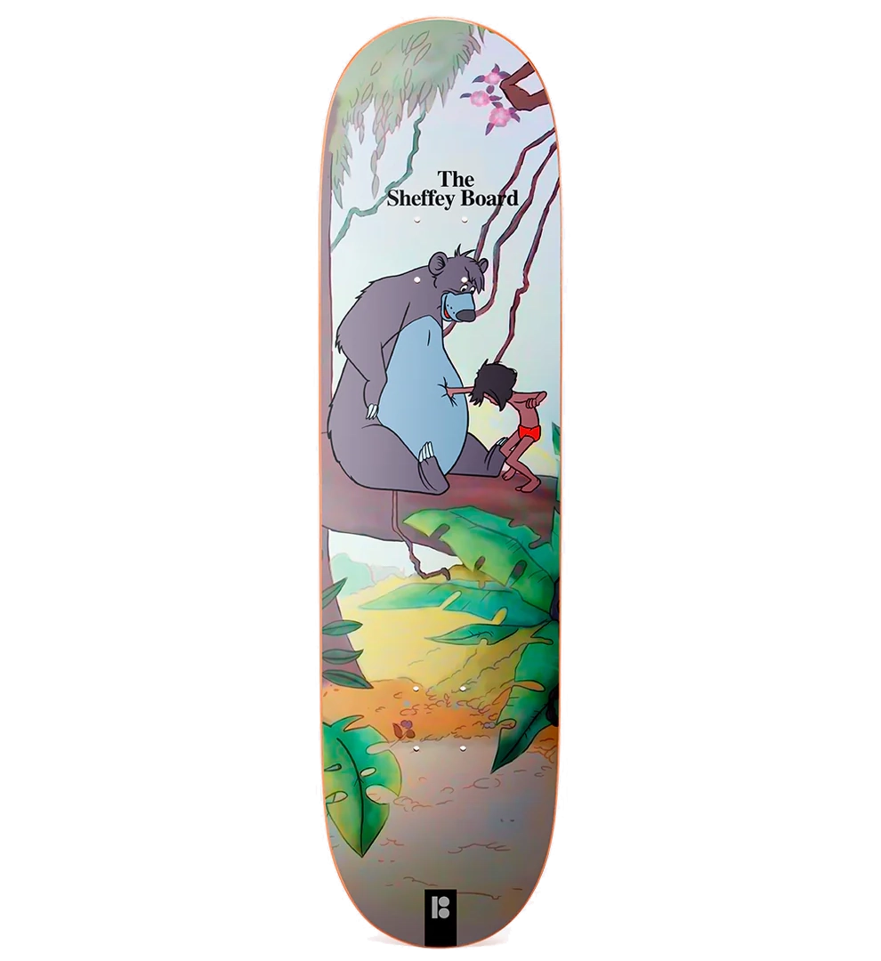 Plan B Junglebook Sheffey 8.0" Skate Deck remake featuring classic jungle graphic and modern construction for street or park skating.
