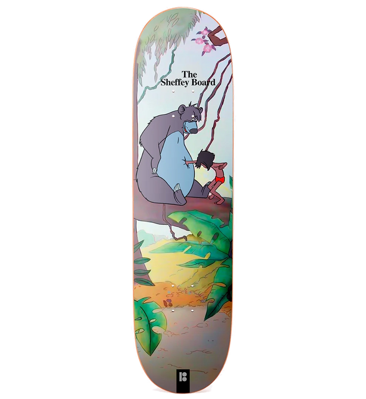 Plan B Junglebook Sheffey 8.0" Skate Deck remake featuring classic jungle graphic and modern construction for street or park skating.