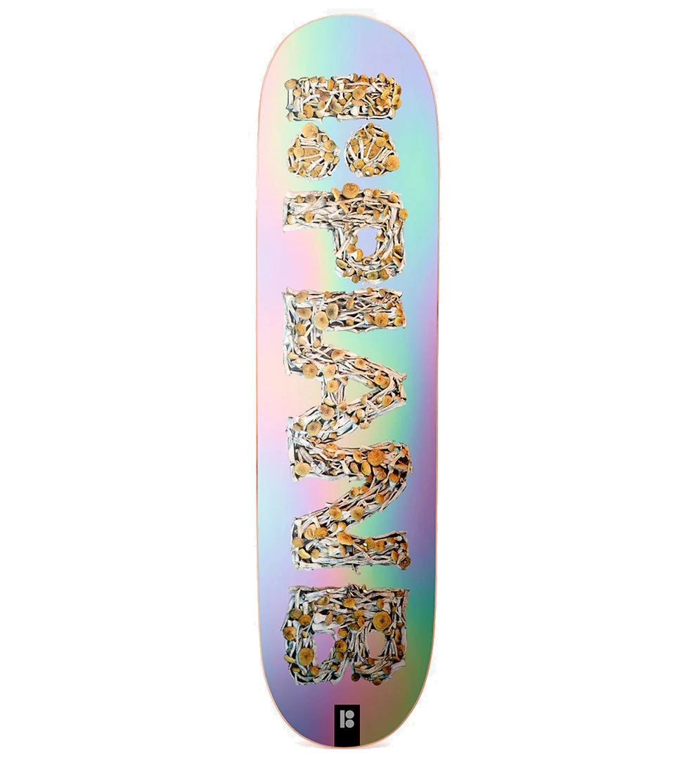 Plan B Shrooms Holographic Skateboard Deck 8.375" with trippy mushroom graphic and foil finish