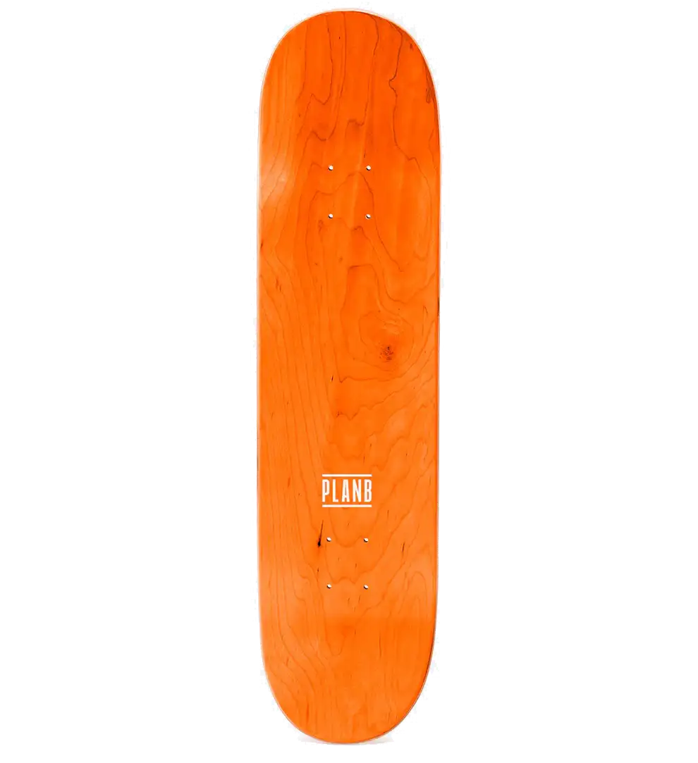 Orange skateboard deck with a visible brand logo on a white background