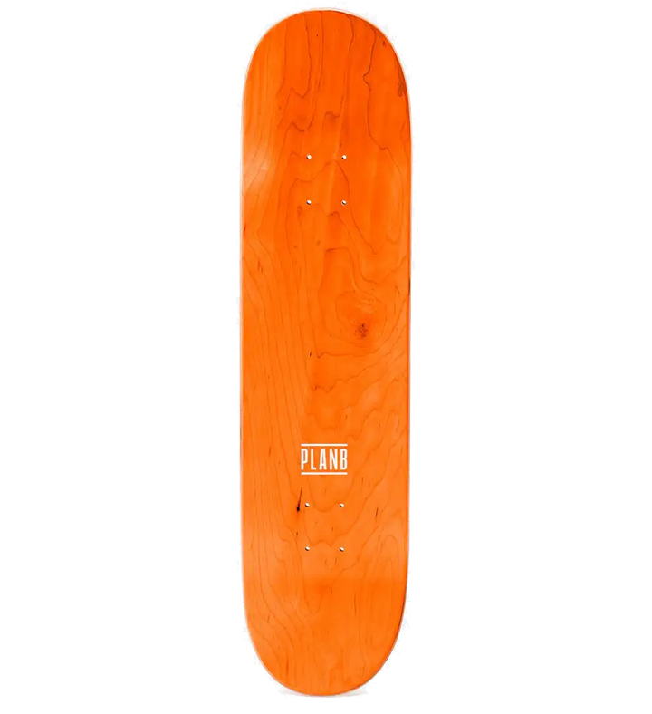 Orange skateboard deck with a visible brand logo on a white background