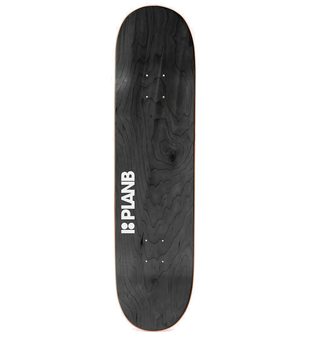 Black skateboard deck with 'PLAN B' logo on a white background