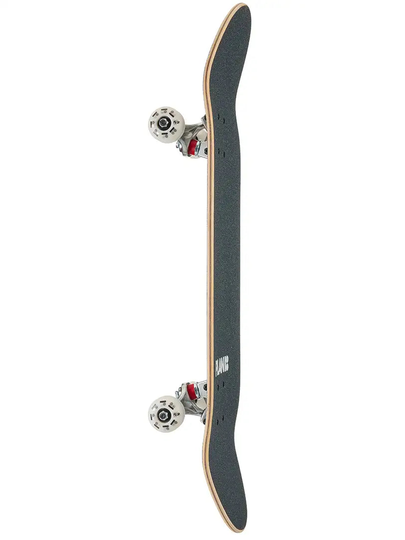 Skateboard with black deck and red trucks on a white background