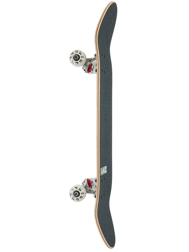 Skateboard with black deck and red trucks on a white background