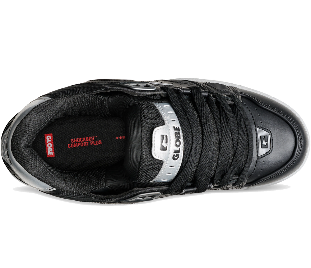 A black GLOBE athletic sneaker shown from a top-down perspective on a white background, featuring black laces, a black mesh and leather upper, a silver tongue label, and red branding details.