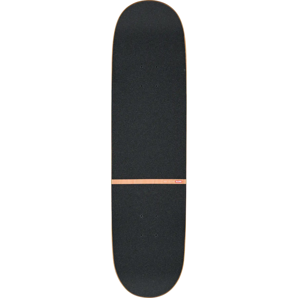 Black skateboard deck with a pink logo on a white background
