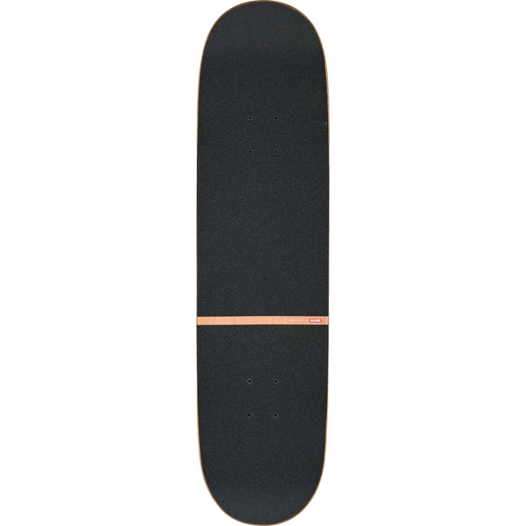 Black skateboard deck with a pink logo on a white background