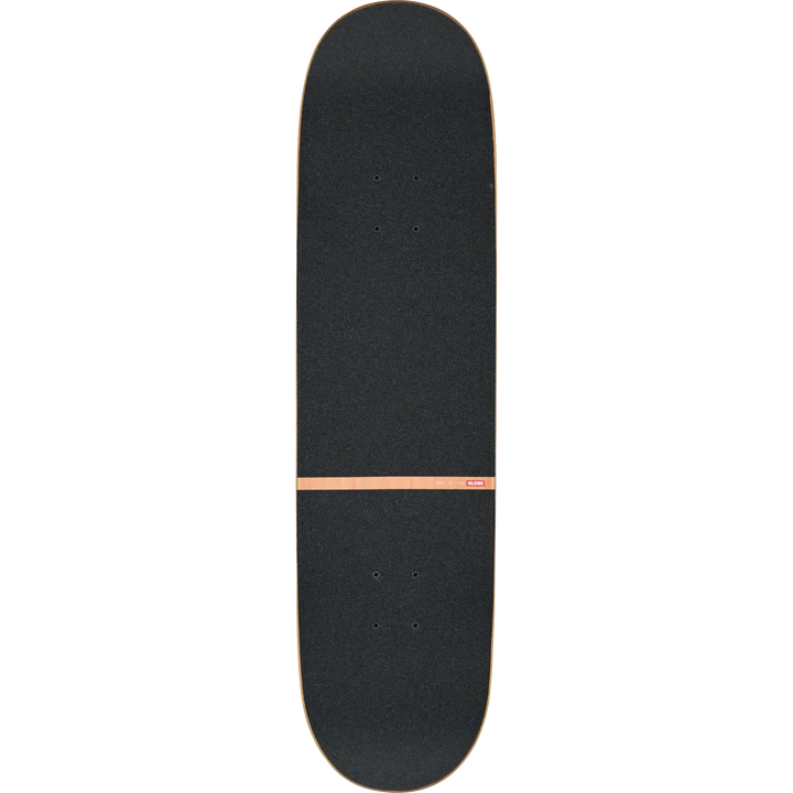 Black skateboard deck with a pink logo on a white background