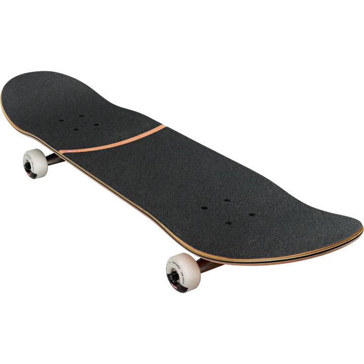 Black skateboard with white wheels on a white background
