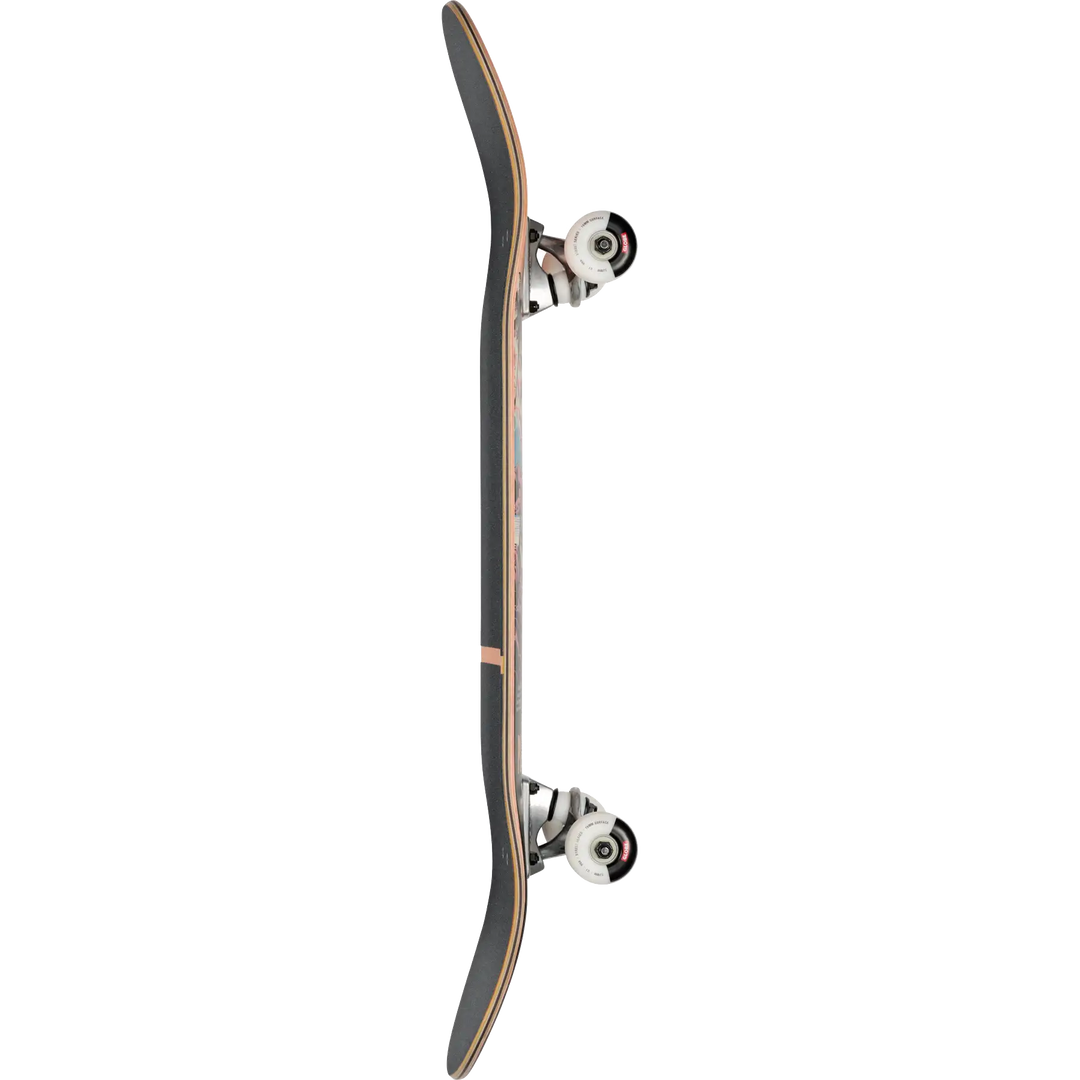 Skateboard with a black deck and white trucks on a white background