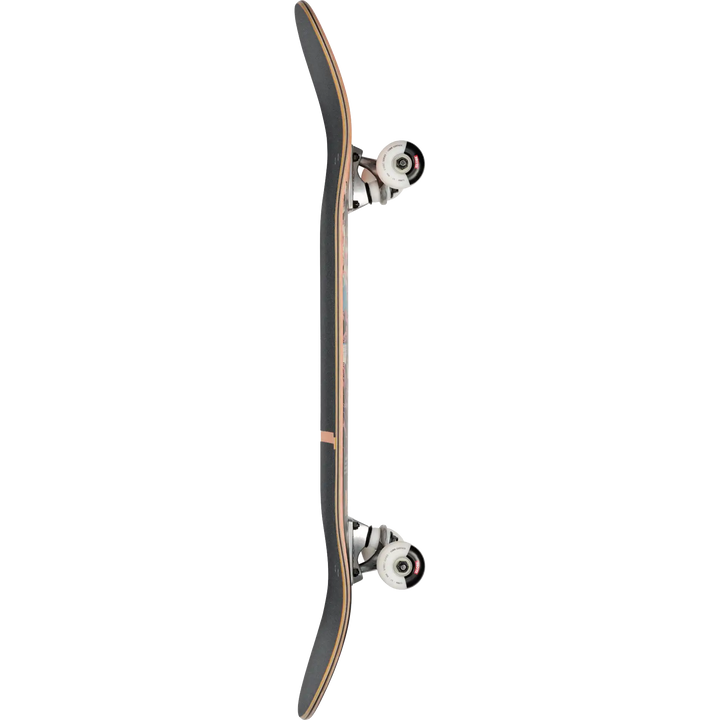 Skateboard with a black deck and white trucks on a white background