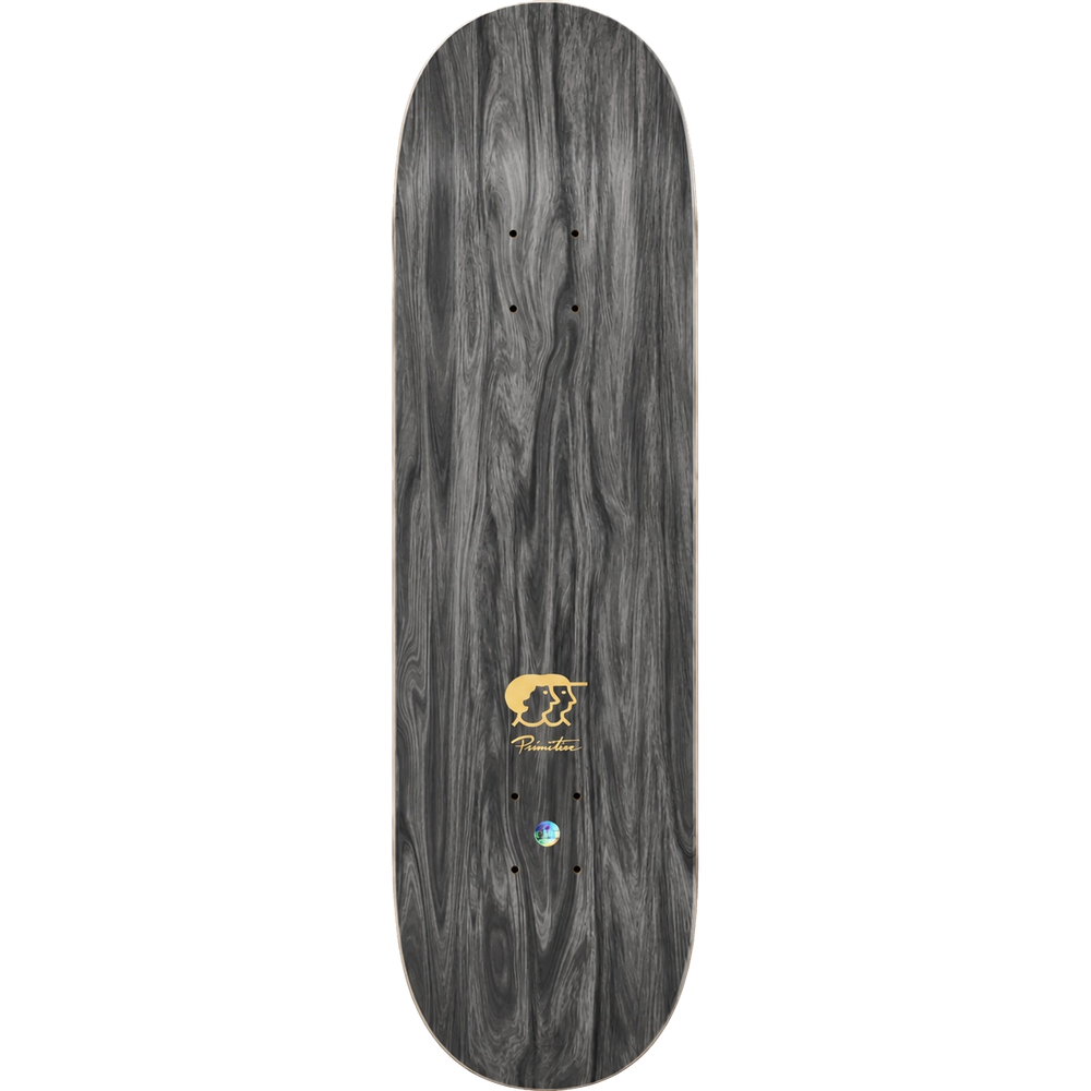 A skateboard deck with a dark gray wood grain finish, featuring a gold and black 'Pioneer' logo near the center and a small blue and white circular graphic below it, shown against a plain white background.