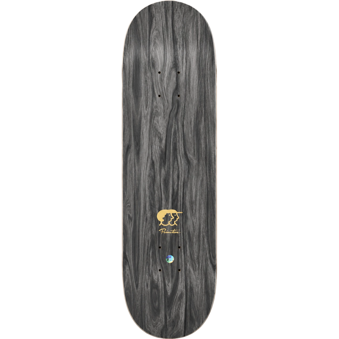 A skateboard deck with a dark gray wood grain finish, featuring a gold and black 'Pioneer' logo near the center and a small blue and white circular graphic below it, shown against a plain white background.