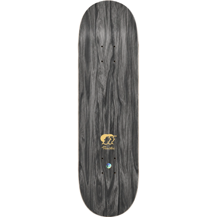 A skateboard deck with a dark gray wood grain finish, featuring a gold and black 'Pioneer' logo near the center and a small blue and white circular graphic below it, shown against a plain white background.