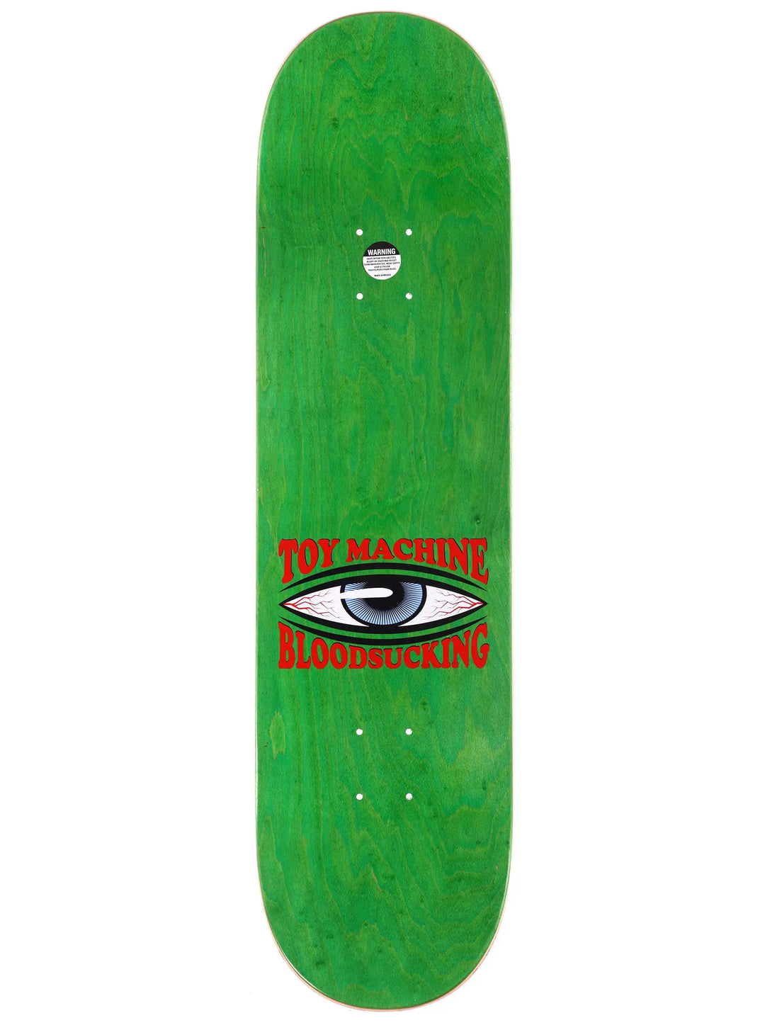 Green skateboard deck with 'Toy Machine' and 'Bloodsucking' text on a white background