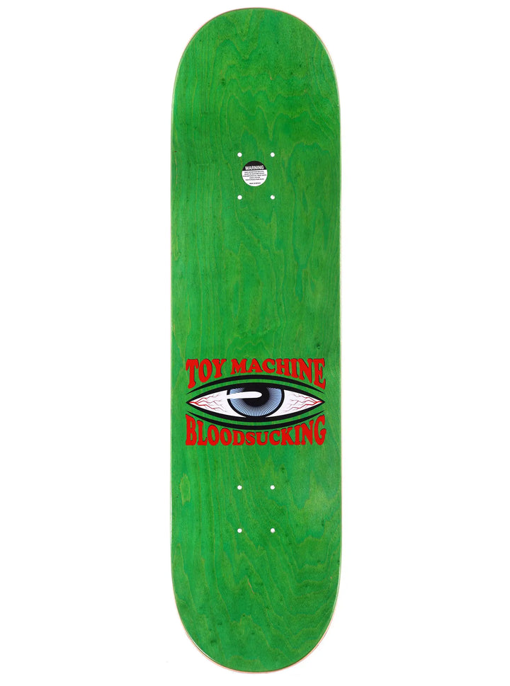 Green skateboard deck with 'Toy Machine' and 'Bloodsucking' text on a white background