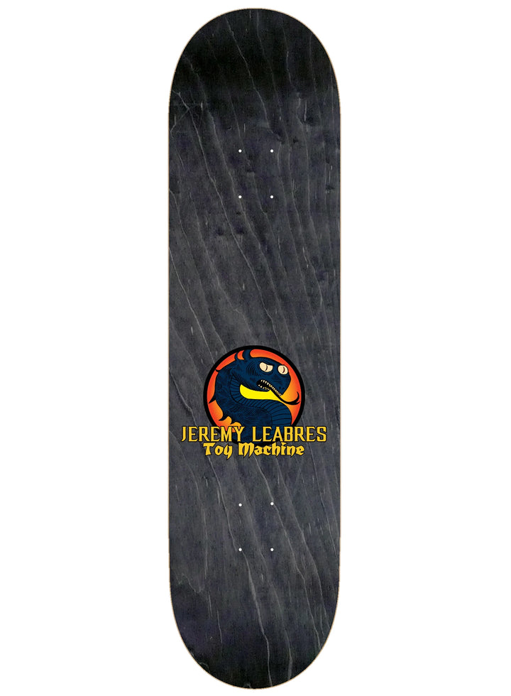 Skateboard deck with a logo and text on a white background