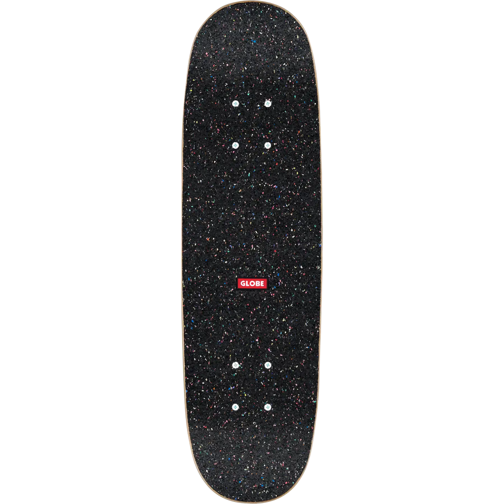 Black speckled skateboard deck with a red logo on a white background