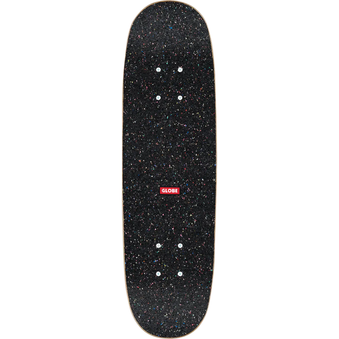 Black speckled skateboard deck with a red logo on a white background