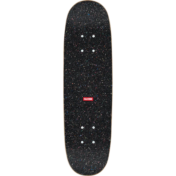 Black speckled skateboard deck with a red logo on a white background