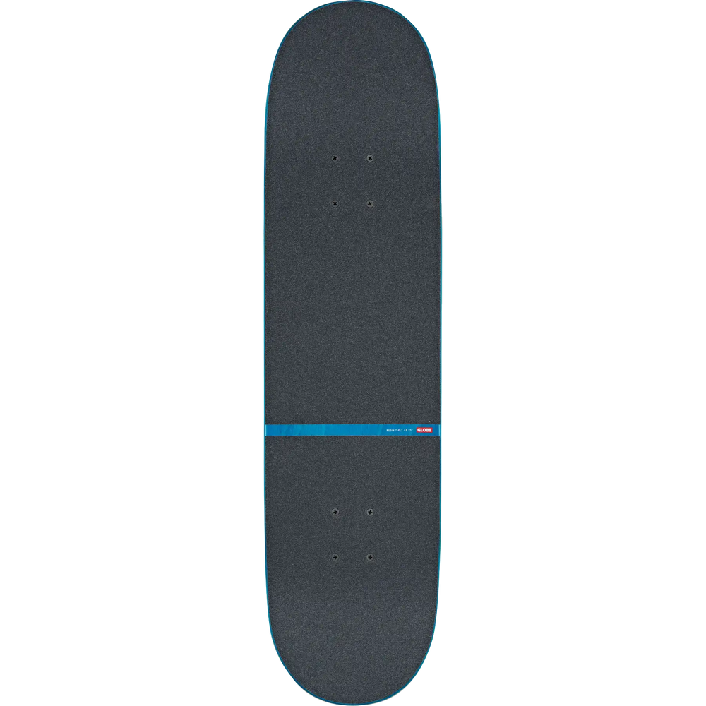 Black skateboard deck with a blue stripe on a white background