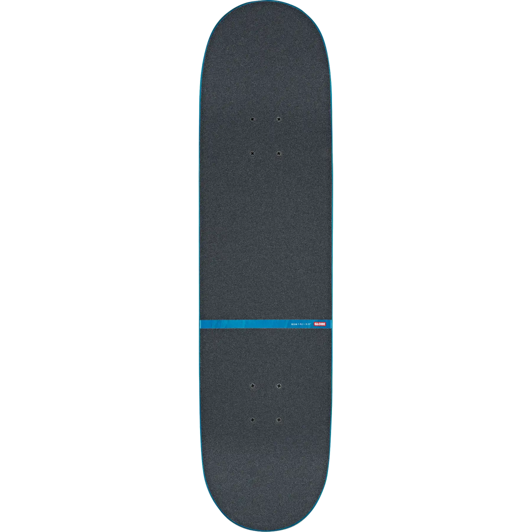 Black skateboard deck with a blue stripe on a white background
