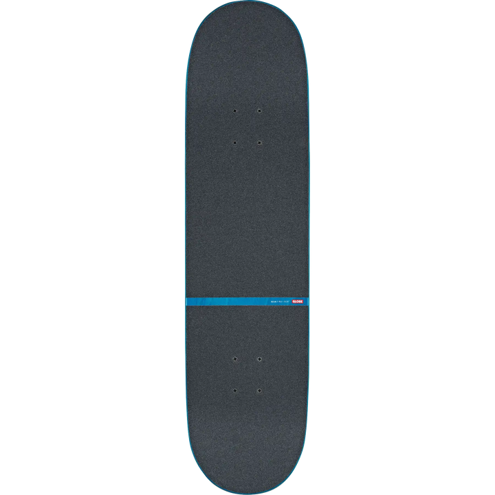 Black skateboard deck with a blue stripe on a white background