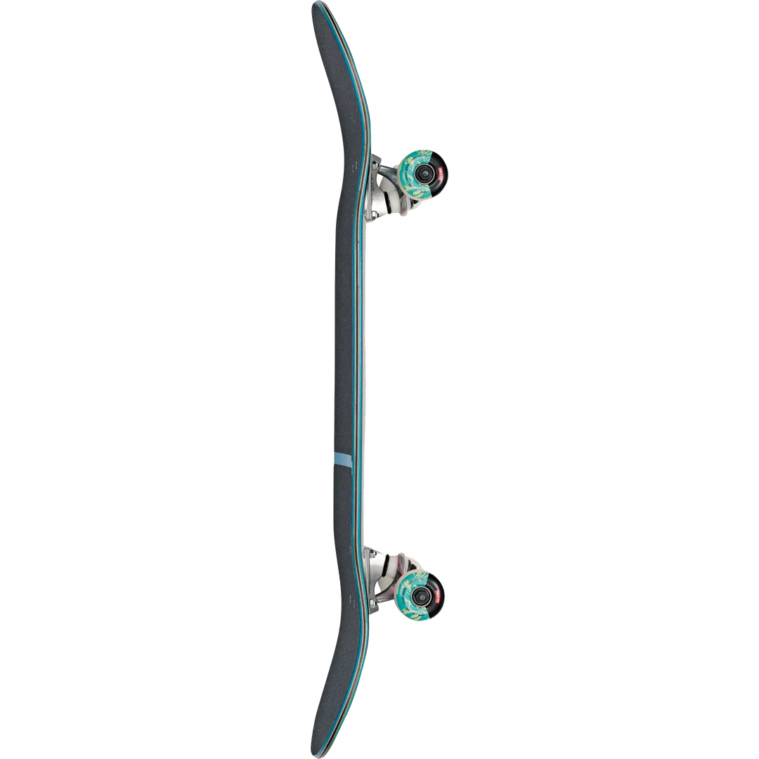 Skateboard with teal trucks and bearings on a white background