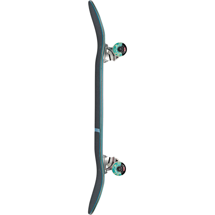 Skateboard with teal trucks and bearings on a white background