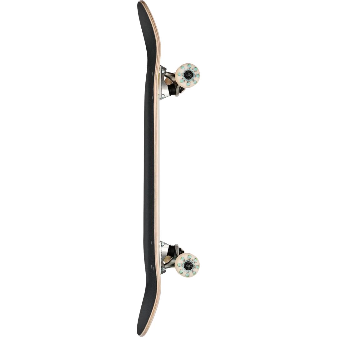 Skateboard with a black deck and white trucks on a white background