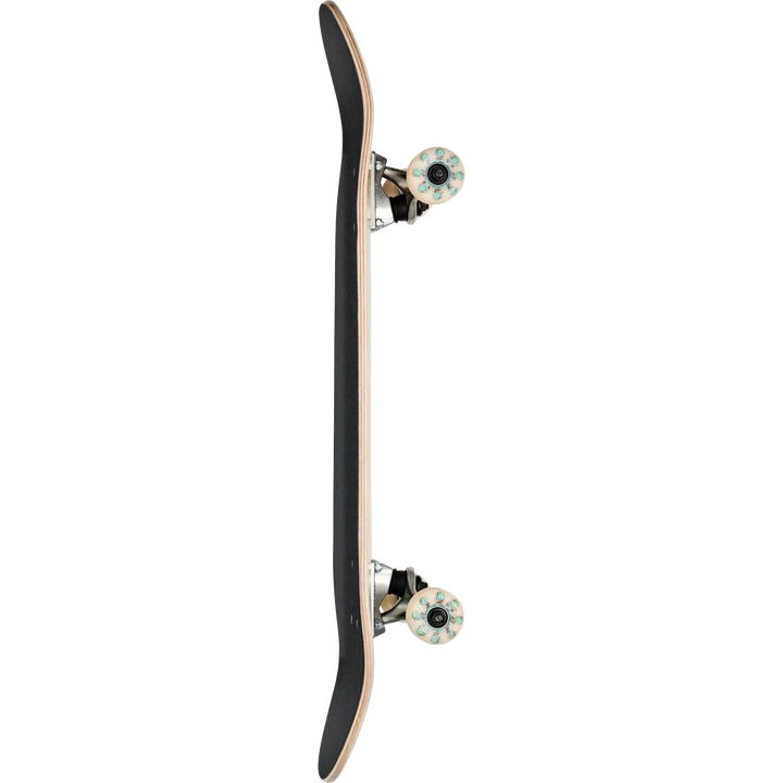 Skateboard with a black deck and white trucks on a white background