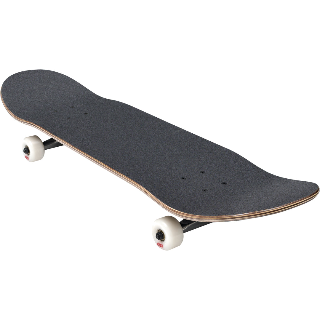 Skateboard with black deck and white wheels on a white background