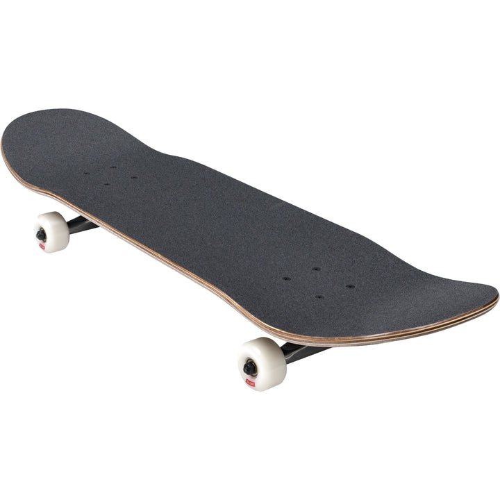 Skateboard with black deck and white wheels on a white background