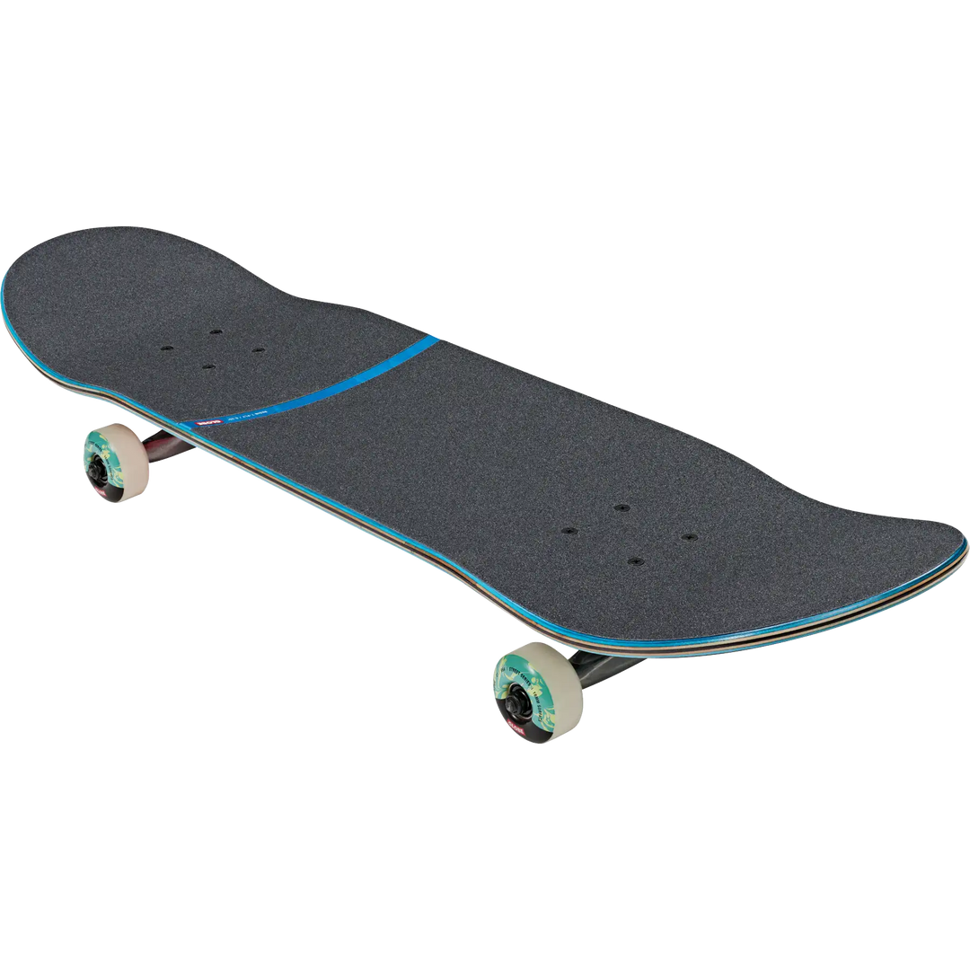 Skateboard with black deck and blue rim on a white background