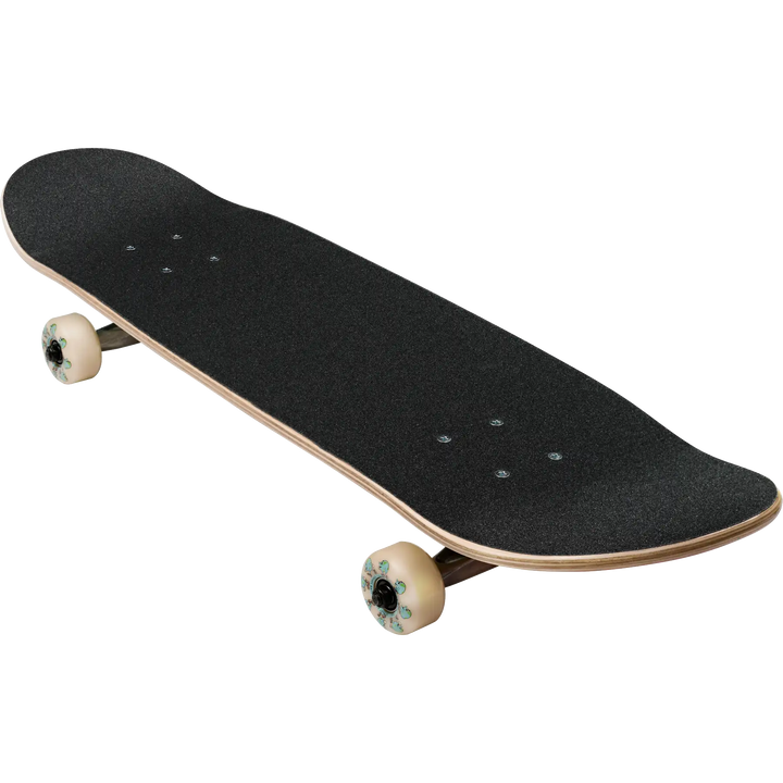 Black skateboard with white wheels on a white background