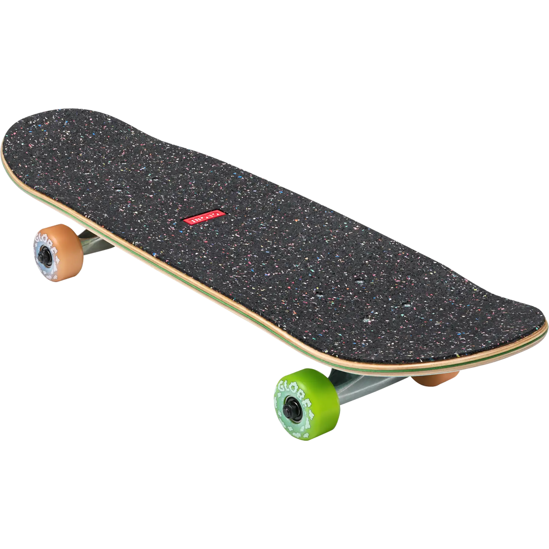 Skateboard with black deck, green and orange wheels, and a red logo on a white background