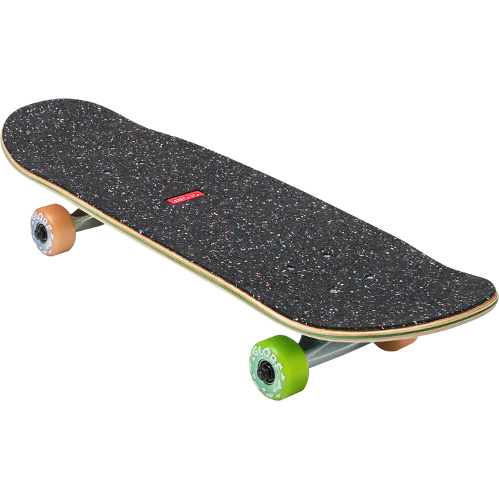 Skateboard with black deck, green and orange wheels, and a red logo on a white background