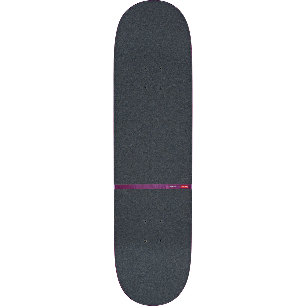 Black skateboard deck with a purple stripe on a white background