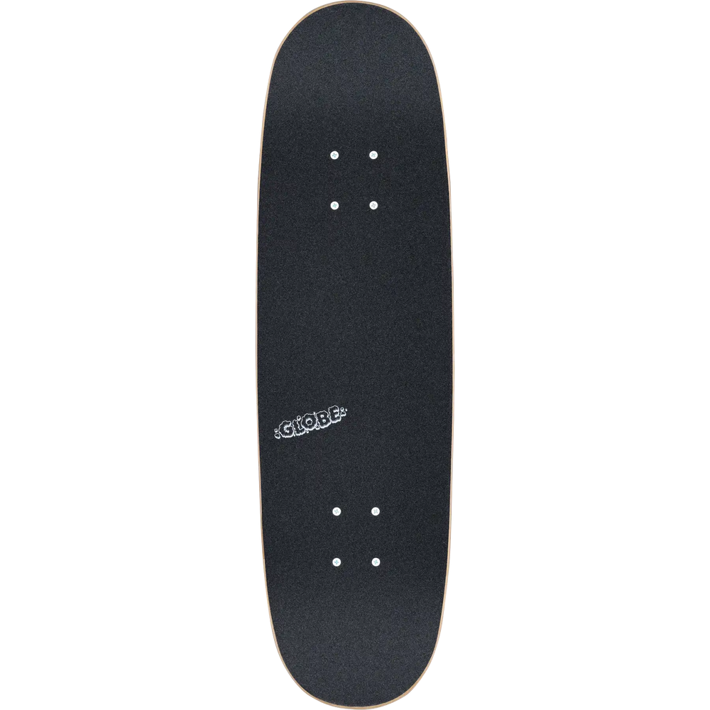 Black skateboard deck with a brand logo on a white background