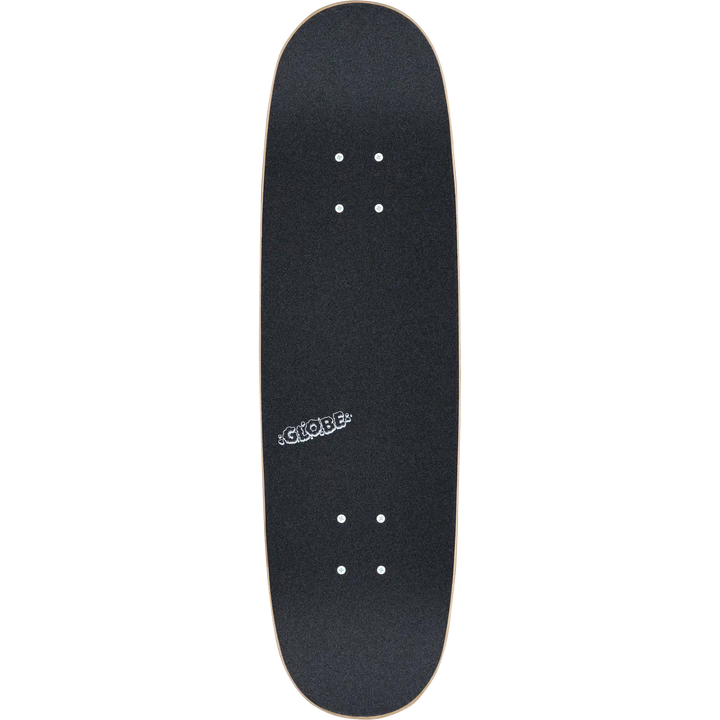 Black skateboard deck with a brand logo on a white background