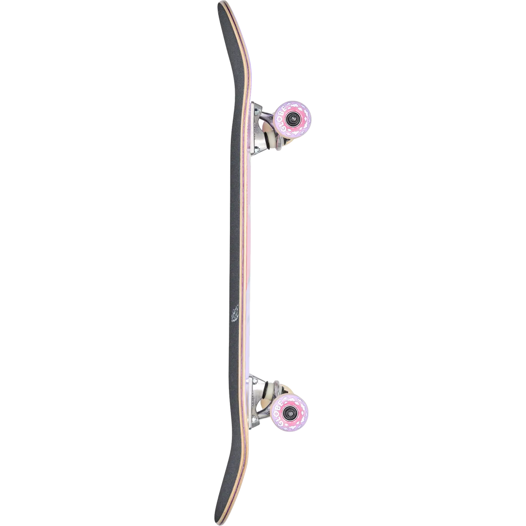 Skateboard with black deck and pink wheels on a white background